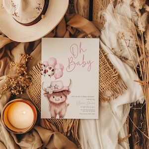 Highland Cow Girl Baby Shower Invitation, Edytowalny Boho Holy Cow Baby Shower Invite Szablon Canva, Ranch Highland Cow Baby Invite BS200