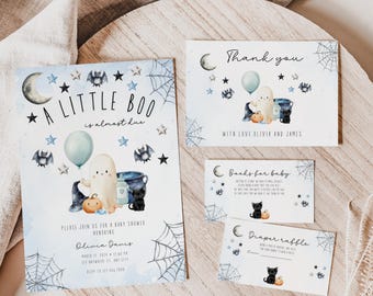 A Little Boo Baby Shower Invitation Bundle, Blue Halloween Ghost Boy Baby Shower Invitation Set, Halloween Baby Shower Invite Template BS28