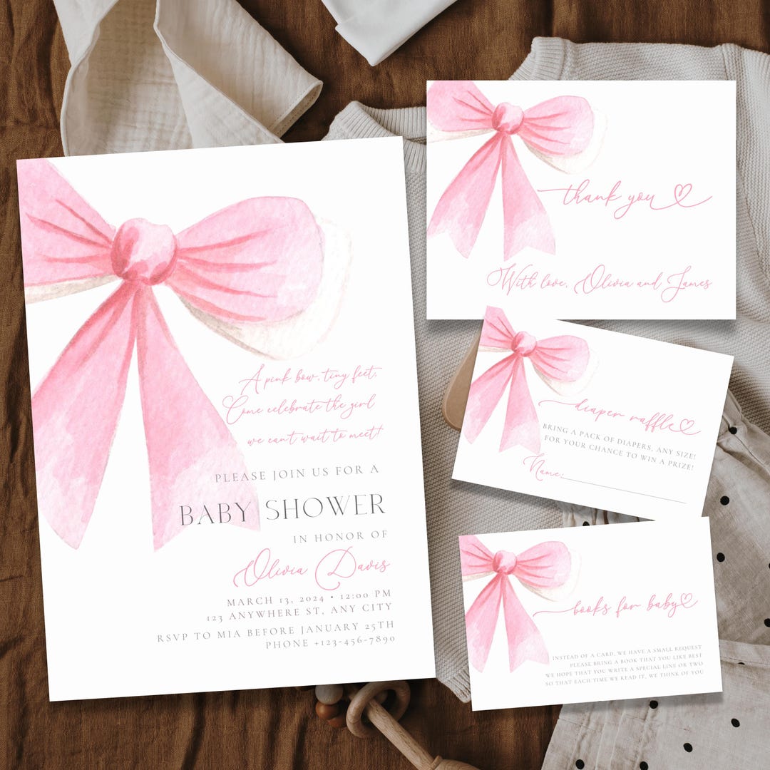 Watercolor Pink Bow Baby Shower Invitation for Girl Bundle, Editable ...