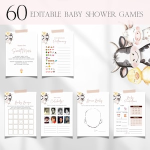 Farm Animals Baby Shower Games Bundle, Editable Barnyard Baby Shower Games, Neutral Girl Farm Animal Baby Shower Activity Bingo Games BS160