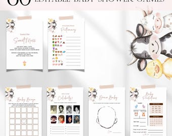 Farm Animals Baby Shower Games Bundle, Editable Barnyard Baby Shower Games, Neutral Girl Farm Animal Baby Shower Activity Bingo Games BS160