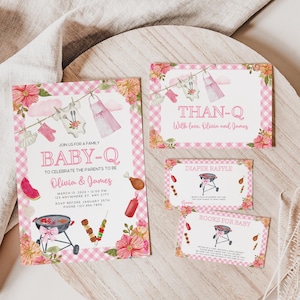 Baby-Q Girl Baby Shower Invitation Bundle, Editable Couples Backyard BBQ Baby Shower Invitation Template, Coed Baby-Q Shower Invite BS89