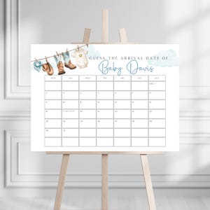 Calendario delle date di scadenza per il baby shower Little Cowboy, modello modificabile per il baby shower Little Cowboy Country Wild West Rodeo, attività per il baby shower BS75