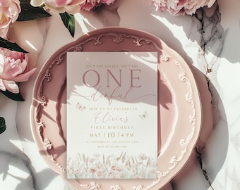 Wildflower Isn't She Onederful First Birthday Invitation, Editable Pink Wildflower 1st Birthday Invitation Canva Template BS182