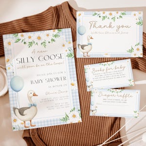 Silly Goose Boy Baby Shower Invitation Bundle, Editable Gingham Silly Goose Theme Baby Shower Template, Spring Little Goose Shower BS169