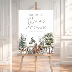 Letrero de bienvenida para baby shower con temática de bosque, plantilla de Canva editable con animales del bosque de género neutro, letrero rústico de bosque imprimible BS151