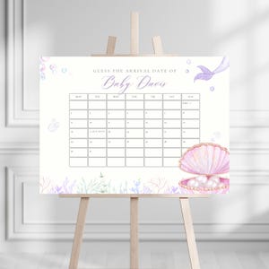 Little Pearl Babyparty Fälligkeitsdatum Kalender, bearbeitbare Mermaid Girl Babyparty Erraten Fälligkeitsdatum Spielvorlage, unter dem Meer Duschspiel BS177