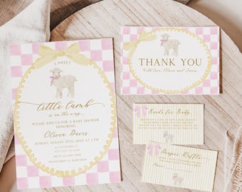 Little Lamb Baby Shower Invitation Bundle, Cute Sheep Invite for Girl, Editable Template, Instant Download, Party Decor BS236