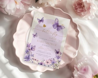 Purple Butterfly Digital Baby Shower Invitation, Editable Purple Butterflies Girl Baby Shower Invitation Printable Canva Template BS126