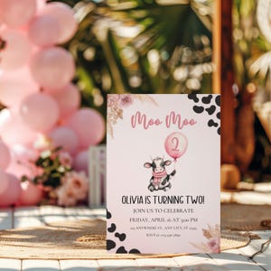 Moo Moo I&#39;m Two Girls 2nd Birthday Invitation, Editable Girls Farm Cow Theme Canva Invitation Template, Cow 2nd Birthday Party Invite BS109