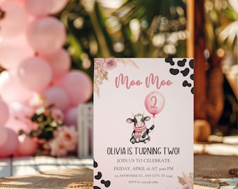 Moo Moo je suis deux filles 2e anniversaire Invitation, modèle d'invitation modifiable sur toile thème ferme vache filles, vache 2e anniversaire fête inviter BS109
