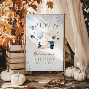 Halloween Baby Shower Welcome Sign, A Little Boo Baby Shower Welcome Sign, Spooky Ghost Boy Baby Shower Sign, Editable Fall Template BS28