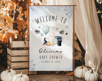 Halloween Baby Shower Welcome Sign, A Little Boo Baby Shower Welcome Sign, Spooky Ghost Boy Baby Shower Sign, Editable Fall Template BS28