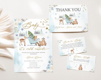 Winter Woodland Baby Shower Invitation Bundle, Editable Digital Download, Gender Neutral, Forest Animals Theme BS235