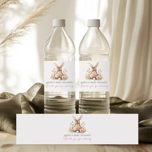 Floral Bunny Baby Shower Water Bottle Label, Editable Girl Easter Bunny Water Bottle Label Template, Rabbit Baby Water Bottle Sticker BS31