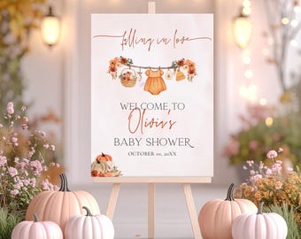 Falling In Love Baby Shower Welcome Sign Decor, Editable Autumn Boho Girl Clothes Baby Shower Welcome Sign, Pumpkin Baby Shower Sign BS153