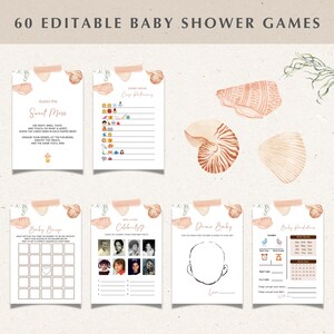 Seashell Baby Shower Games Bundle, Editable Beach Baby Shower Games Pack, Gender Neutral Coastal Ocean Beach Baby Shower Games Bundle BS45