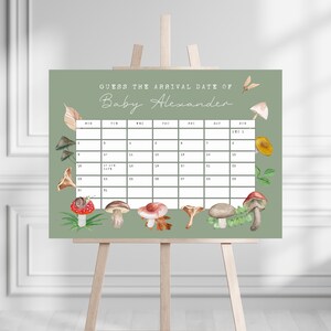 Pilze Babyparty Fälligkeitsdatumskalender, bearbeitbare Pilze Guess Baby Fälligkeitsdatumskalender Vorlage, Herbst kleiner Pilz-Babypartyspiel BS155