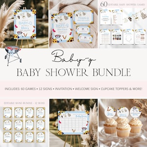 Baby Q babyshowerbundel, bewerkbare achtertuin barbecue babyshower uitnodiging games canva sjabloonbundel, koppel barbecue babyshowerbundel BS84
