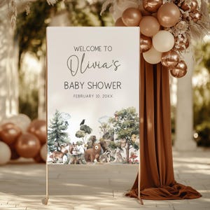 Woodland Baby Shower Welcome Sign, Editable Gender Neutral Forest Animals Welcome Sign Canva Template, Printable Rustic Woodland Sign BS151
