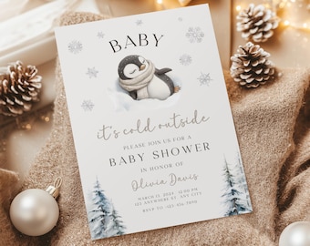 Baby It's Cold Outside Baby Shower Invitation, Penguin Baby It's Cold Winter Wonderland Snowflake Girl Baby Shower Invitation Invite BS35