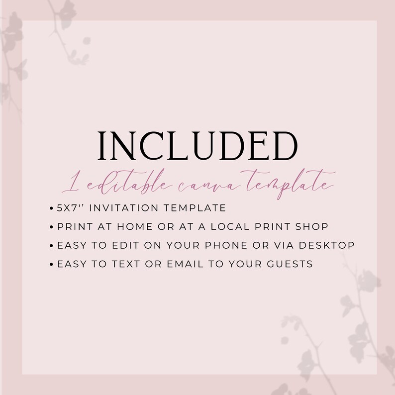 text that provides information about a 5x7" invitation template, which can be printed at home or at a local print shop, edited on a phone or via a desktop, and easily sent to guests via text or email.