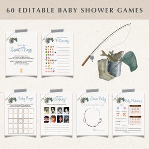 A Little Fisherman Baby Shower Games Bundle, Green Editable Boy Fisherman Games, It's A Boy Fishing Baby Shower Advice Well Wishes Card BS51