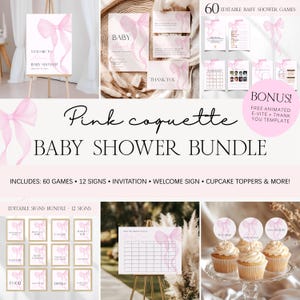 Aquarell rosa Schleife Kokette Mädchen Babyparty Bundle, bearbeitbare rosa Schleife Babyparty Einladung Bücher für Babyspiele Kokette Bündel BS115