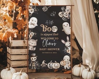 Little Boo Baby Shower Welcome Sign, Editable Halloween Ghost Baby Shower Welcome Sign Canva Template, Spooky Fall Welcome Poster BS227