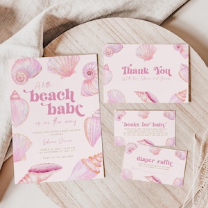 Een bundel uitnodigingen voor een babyshower met strandthema, bewerkbare roze schelpvormige uitnodigingssjabloon, boho zomer babyshower uitnodiging BS178