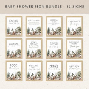 Pacchetto di cartelli da tavolo per baby shower Woodland, cartelli da tavolo per baby shower con animali della foresta neutri modificabili, cartello da tavolo regalo Woodland stampabile BS151