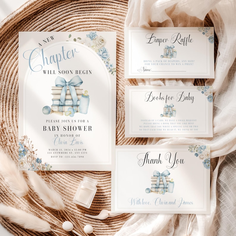 A New Chapter Will Soon Begin Baby Shower Invitation Bundle, Book Theme Boy Baby Shower Invite Set, Vintage Storybook Shower Invitation BS68