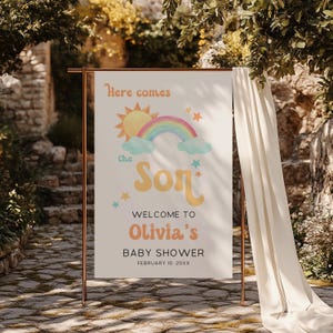 Here Comes The Son Baby Shower Welcome Sign, Editable Retro Sunshine Baby Shower Welcome Sign Canva Template, Sonshine Shower Decor BS92
