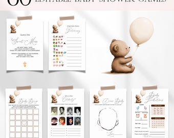 We Can Bearly Wait Baby Shower Games Bundle, Editable Boho Balloon Teddy Bear Baby Shower Games, Neutral Boy Bear Shower Games Bundle BS110