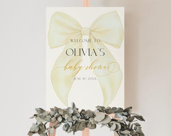 Yellow Bow Baby Shower Welcome Sign, Editable Yellow Coquette Baby Shower Welcome Sign Canva Template, Spring Baby Shower Welcome Sign BS41