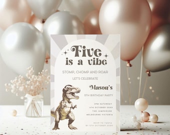 Dinosaur Birthday Invitation Five, Editable Boy 5th Birthday Dinosaur Invitation Canva Template, T-Rex Boy Girls 5th Birthday Invite BS154