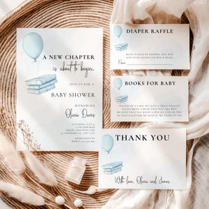 New Chapter Baby Shower Invitation Bundle, Editable Blue Boy Storybook Baby Shower Invite Canva Template, Book Themed Shower Invite BS187