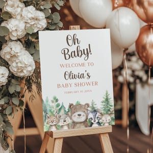 Woodland Baby Shower Welcome Sign, Editable Gender Neutral Forest Animals Welcome Sign Canva Template, Printable Rustic Woodland Sign BS107
