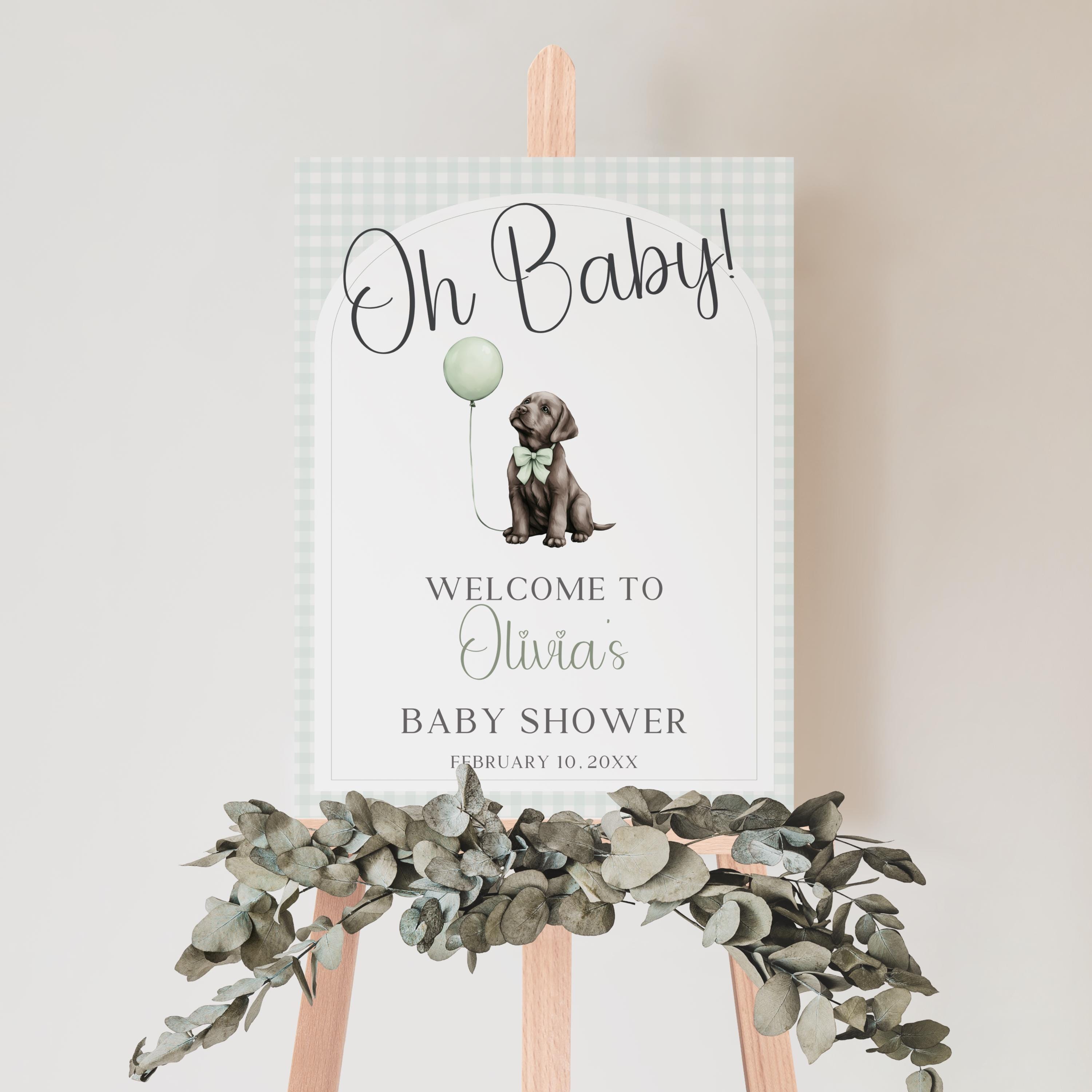 Puppy Baby Shower Welcome Sign, Editable Chocolate Labrador Baby Shower Welcome Sign Canva Template, Green Bow Dog Welcome Poster BS161