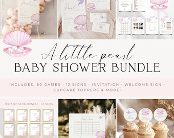May include: A digital baby shower bundle featuring a pearl and seashell theme with soft pink and purple watercolor illustrations. The set includes 60 editable games, 12 signs, invitations, welcome signs, and cupcake toppers with pearl graphics.