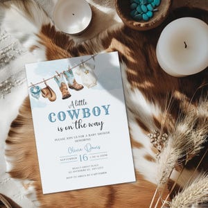 A Little Cowboy Baby Shower Invitation, Wild West Country Baby Shower Invite, Blue Rodeo Editable Cowboy Boots Baby Invitation Template BS75