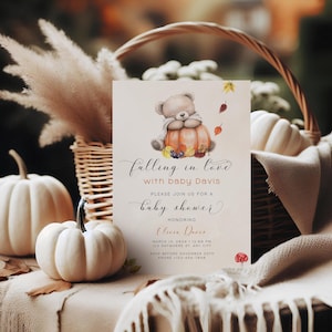 Falling in Love babyshower bewerkbare uitnodiging, herfst teddybeer babyshower uitnodigen, Boho herfst herfst pompoen babyshower uitnodiging BS26