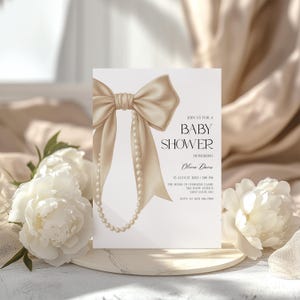 Bows And Pearls Baby Shower Invitation, Editable Neutral Bow Baby Shower Invitation Canva Template, Coquette Pearl Baby Shower Invite BS233