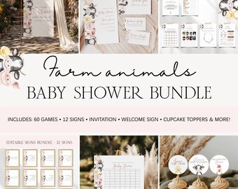 Paquete de baby shower de animales de granja, plantillas editables para invitaciones, juegos y letreros de animales de granja, decoración de granja para baby shower BS160