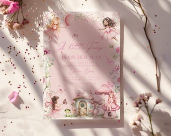 Invitación para baby shower de hadas para niña, plantilla editable de Canva para invitación de baby shower de hadas en color rosa, invitación de jardín de bosque encantado floral BS113