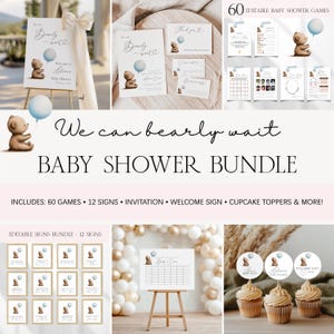 We Can Bearly Wait Baby Shower Bundle, Editable Blue Balloon Teddy Bear Invite Games Baby Shower Template Set, Bear Baby Shower Decor BS23