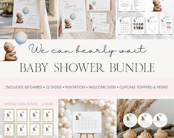 Paquete de baby shower Bearly Wait, juego de invitaciones editables con osito de peluche, juegos de Blue Boy, decoración imprimible adorable BS23
