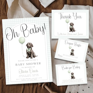Pacchetto di inviti per baby shower Labrador, set di inviti per baby shower con cucciolo di Labrador al cioccolato, modello di invito modificabile per ragazzi del sud BS161