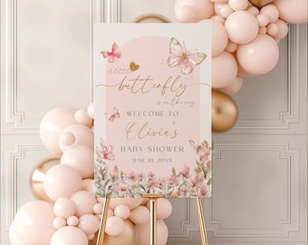 Willkommensschild „Ein kleiner Schmetterling ist unterwegs“ zur Babyparty, rosafarbenes Willkommensschild mit Schmetterlingsmotiv für Mädchen, Schmetterlings-Babyparty-Dekoration BS9