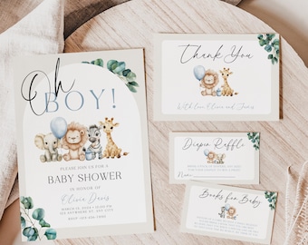 Safari Baby Shower Invitation Bundle, Editable Oh Boy Baby Safari Animals Jungle Baby Shower Invite Template Set, Printable Wild One BS66